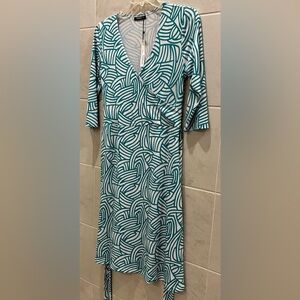 PattyBoutik Teal and White Geometric Print 3/4 Sleeve Wrap Dress Size Large